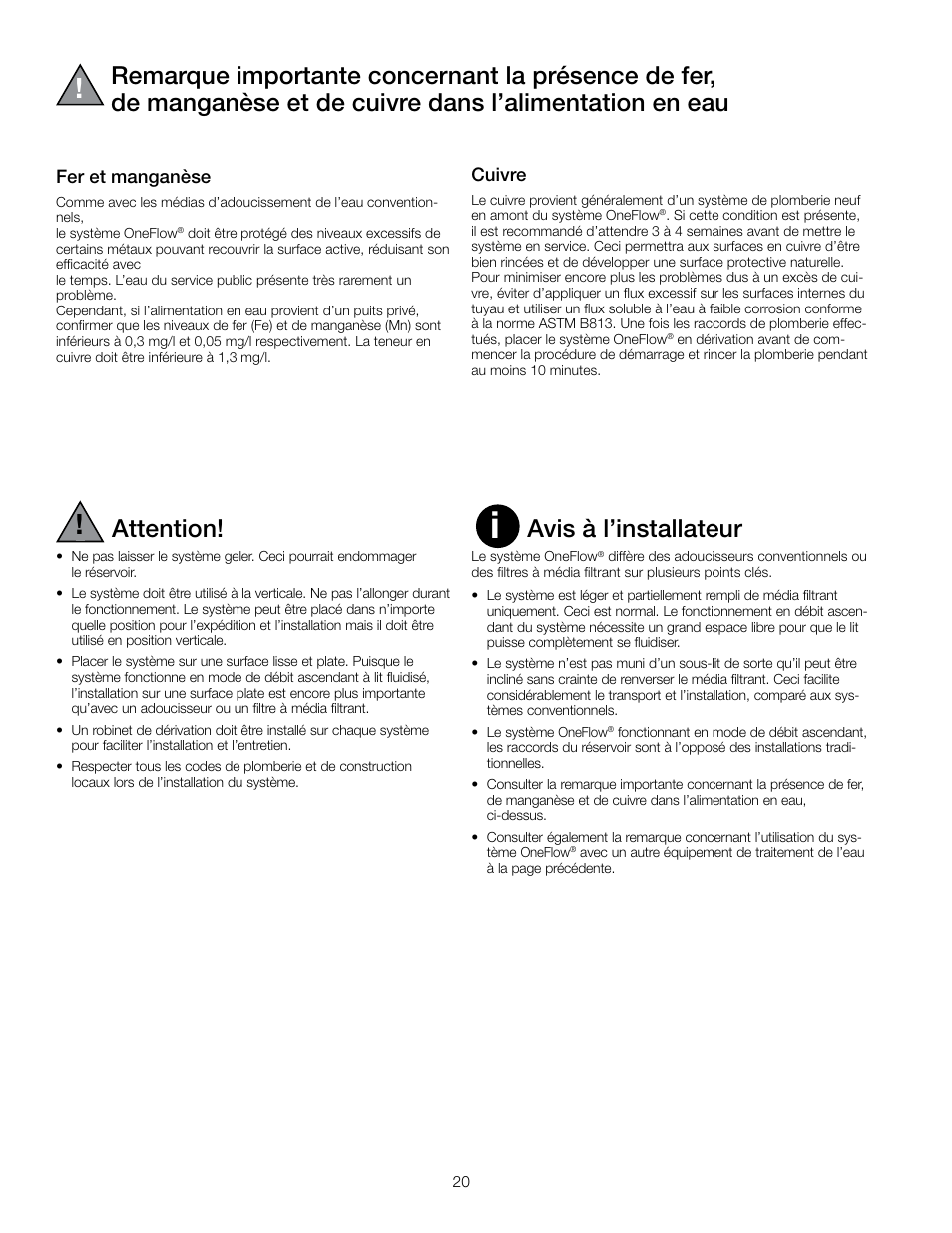 Attention, Avis à l’installateur | Watts OF948-16 User Manual | Page 20 / 24