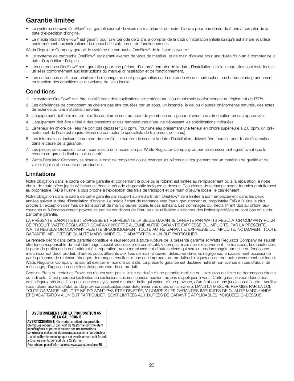 Garantie limitée, Conditions, Limitations | Watts OF948-16 User Manual | Page 23 / 24