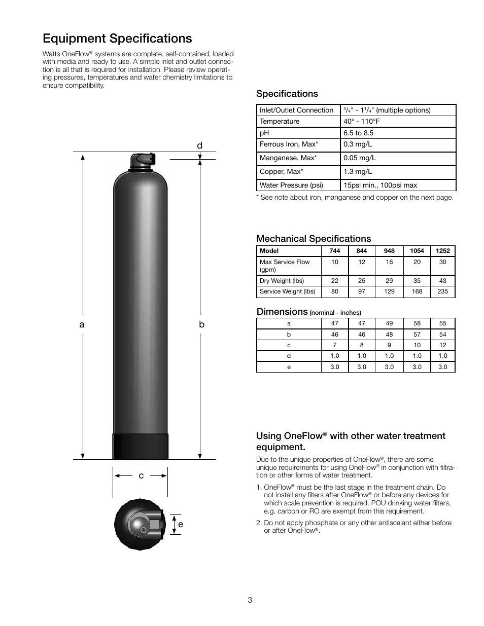 Equipment specifications, Specifications, Dimensions | Using oneflow, With other water treatment equipment | Watts OF948-16 User Manual | Page 3 / 24