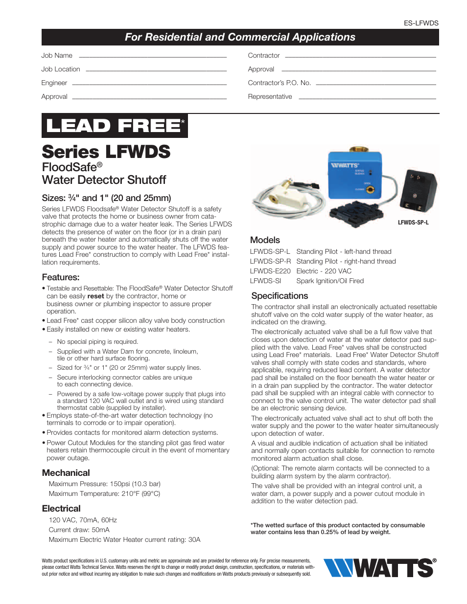 Watts LFWDS User Manual | 2 pages