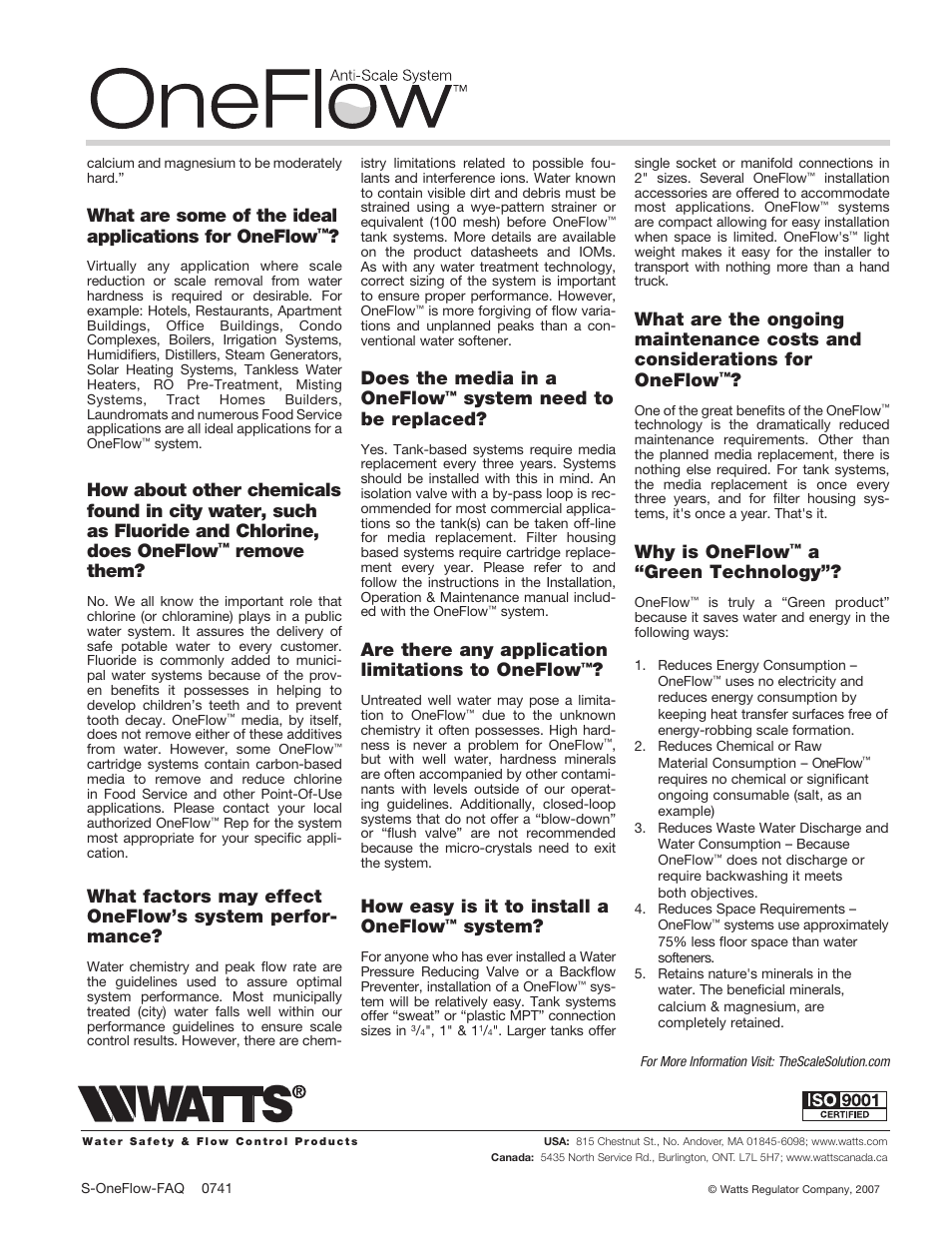 Remove them, Does the media in a oneflow, System need to be replaced | Are there any application limitations to oneflow, How easy is it to install a oneflow, System, Why is oneflow, A“green technology | Watts OF948-16 User Manual | Page 2 / 2