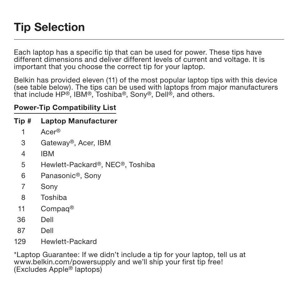 Tip selection | Belkin F5L014 User Manual | Page 9 / 14