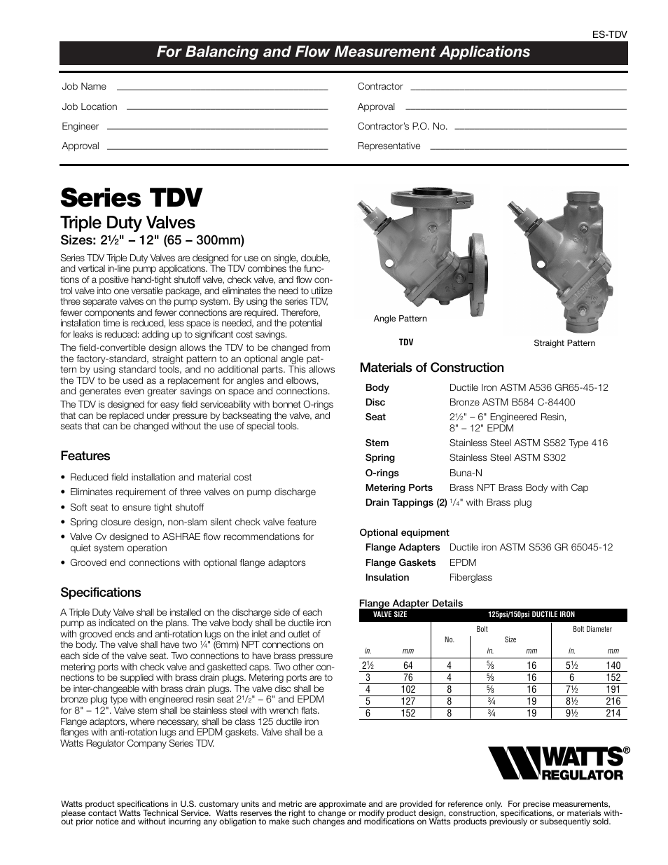 Watts TDV User Manual | 2 pages