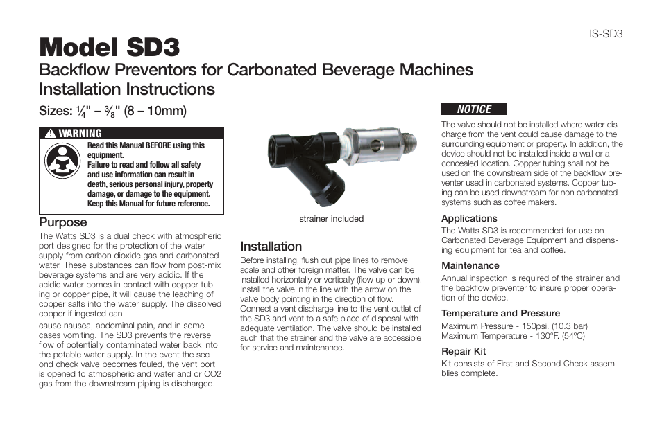 Watts SD-3 User Manual | 2 pages