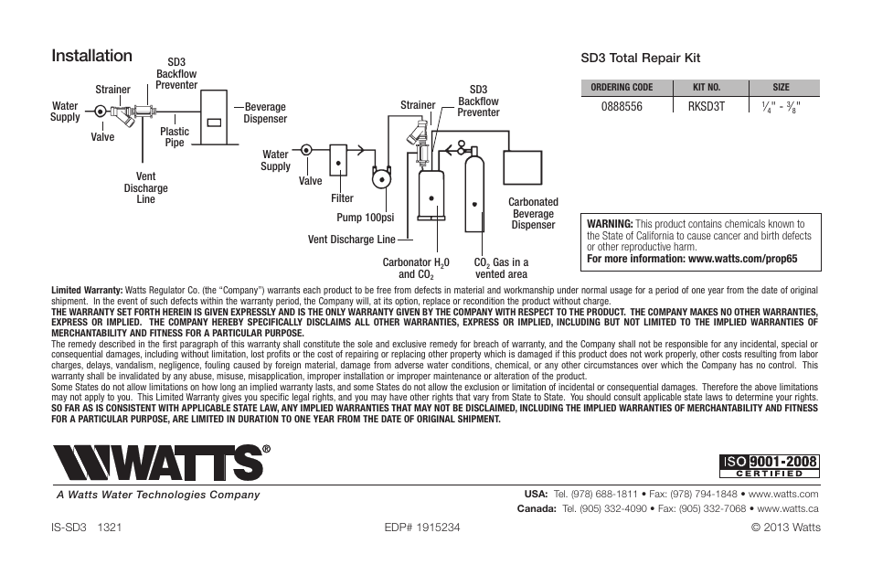 Installation | Watts SD-3 User Manual | Page 2 / 2