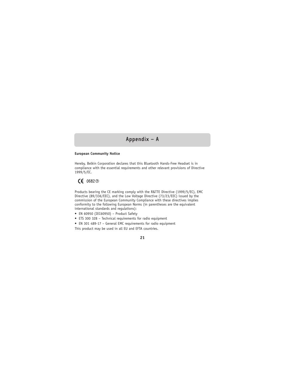 Appendix – a | Belkin Bluetooh Hands-Free Headset F8V9017 User Manual | Page 22 / 24