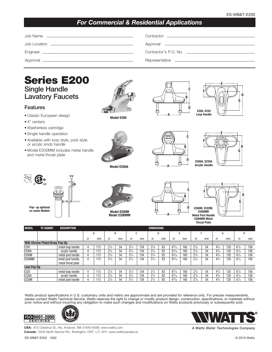 Watts E220M User Manual | 1 page