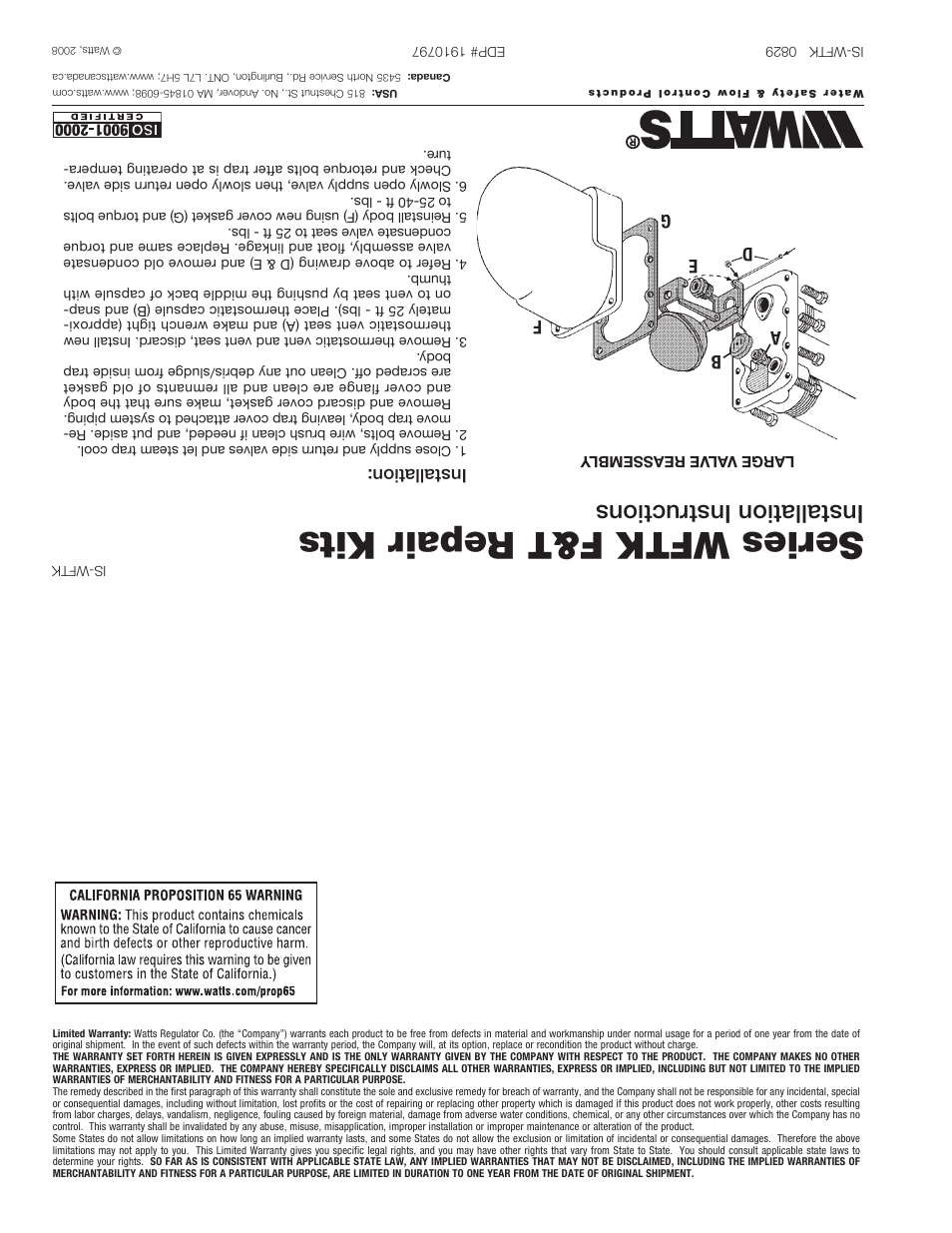 Series wftk f&t repair kits, Installation instructions, Installation | Watts WFTK User Manual | Page 2 / 2