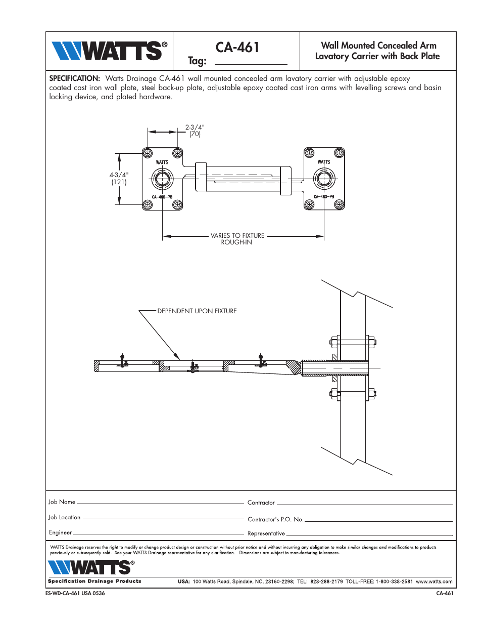 Watts CA-461 User Manual | 1 page