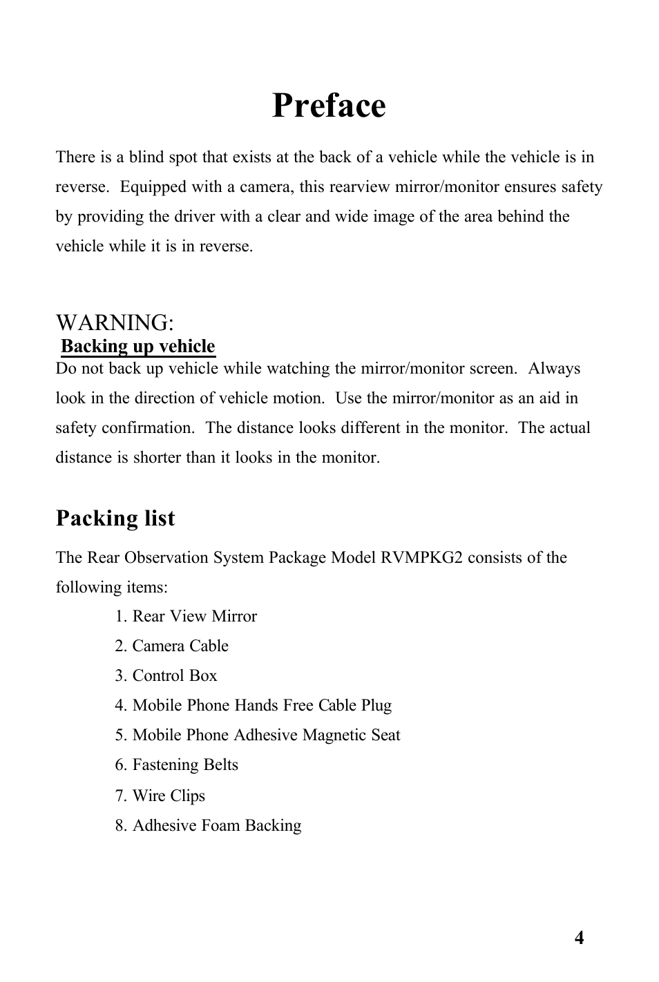 Preface, Warning, Packing list | Audiovox RVMPKG2 User Manual | Page 4 / 15