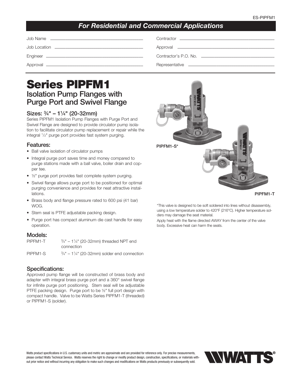 Watts PIPFM1 User Manual | 2 pages