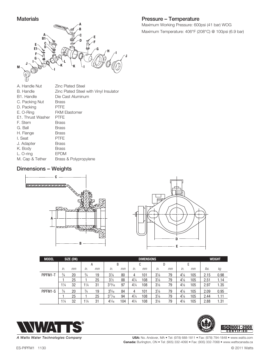 Dimensions – weights, Materials, Pressure – temperature | Watts PIPFM1 User Manual | Page 2 / 2