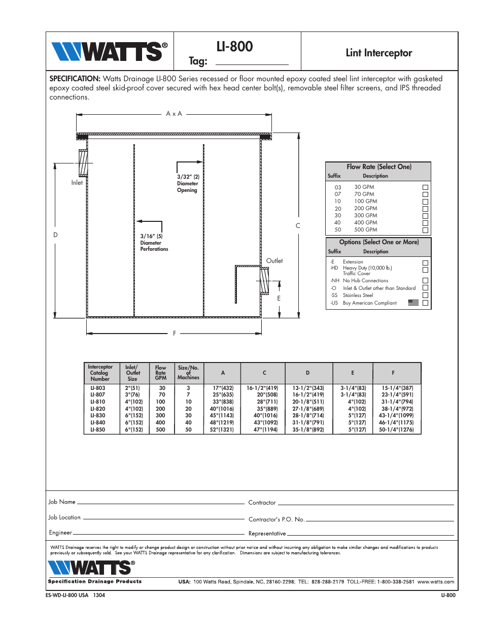 Watts LI-800-SERIES User Manual | 1 page