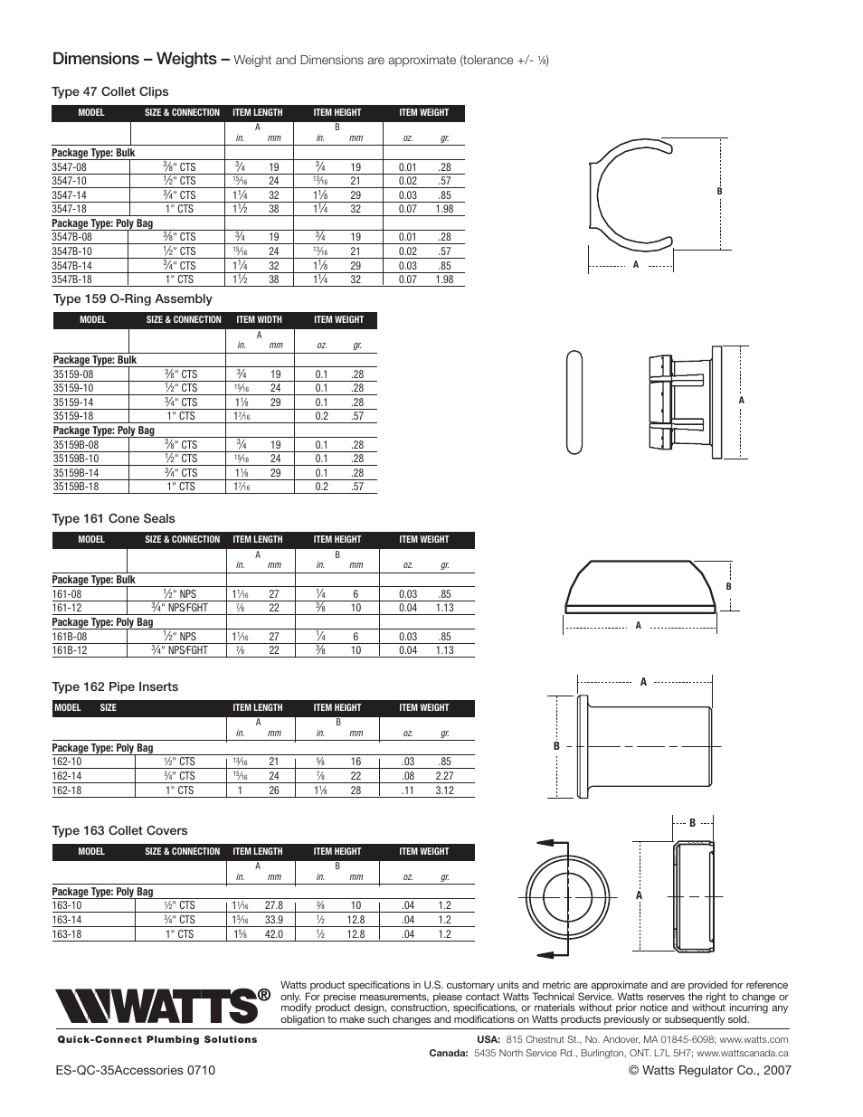 Dimensions – weights | Watts 3547B User Manual | Page 2 / 2