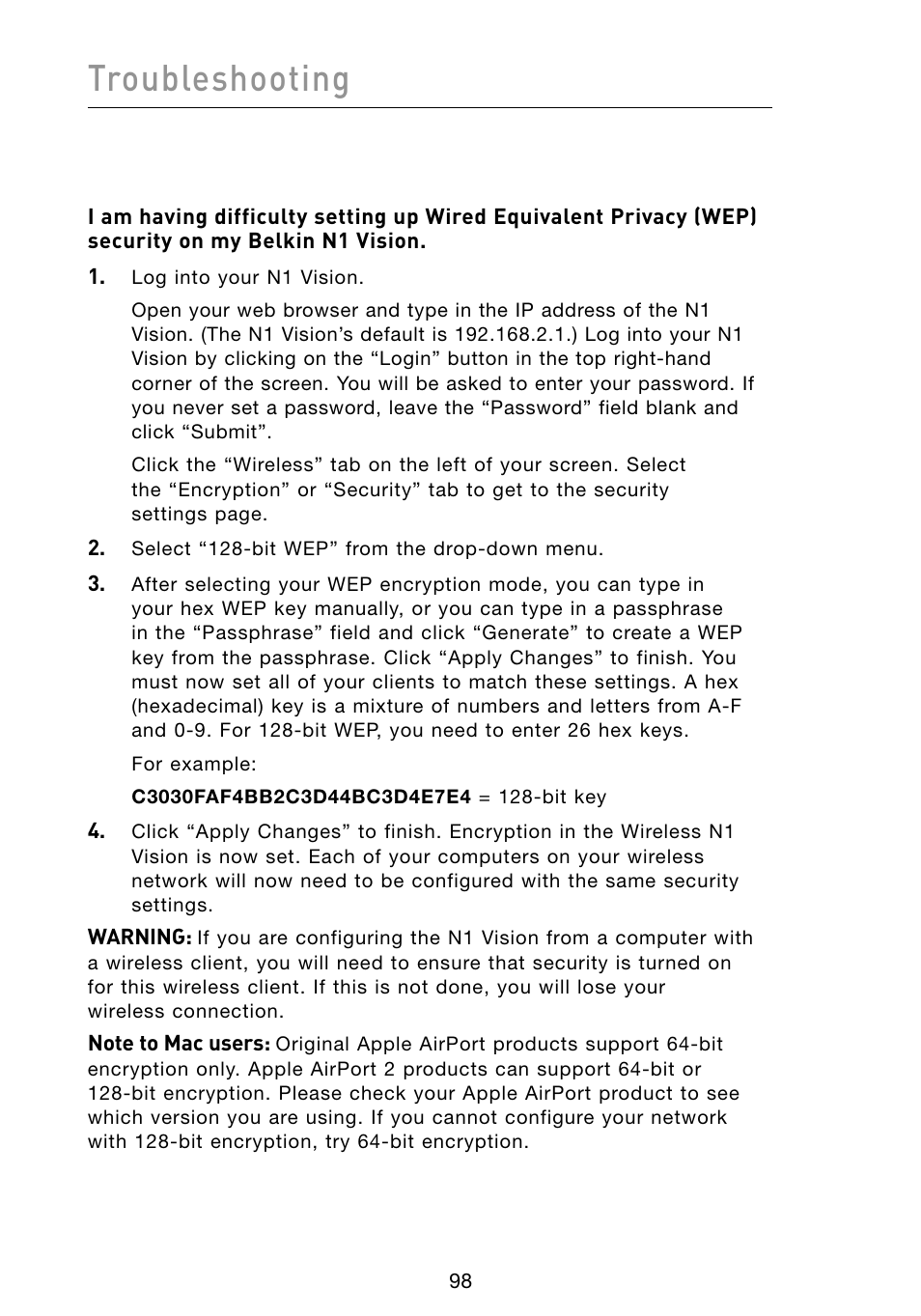 Troubleshooting | Belkin Vision Wireless Router N1 User Manual | Page 102 / 114