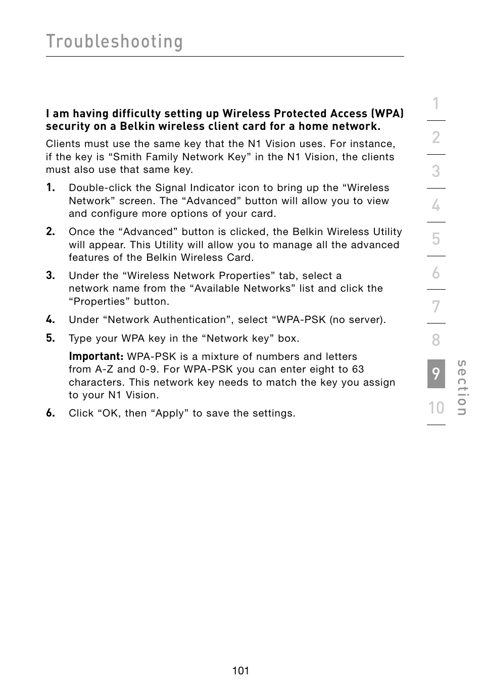 Troubleshooting, Se ct io n | Belkin Vision Wireless Router N1 User Manual | Page 105 / 114