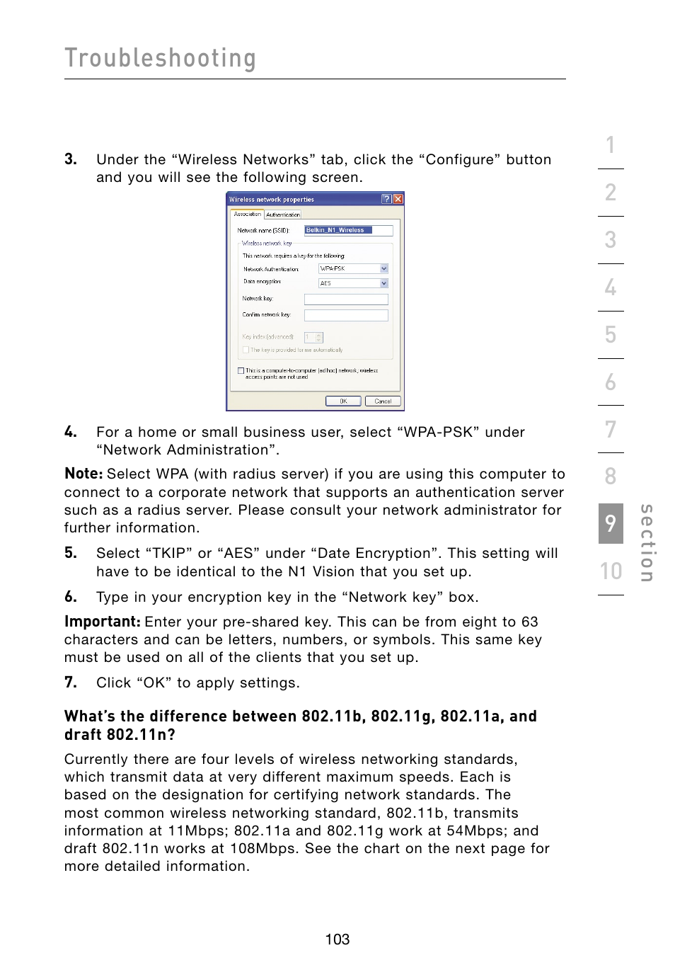 Troubleshooting, Se ct io n | Belkin Vision Wireless Router N1 User Manual | Page 107 / 114