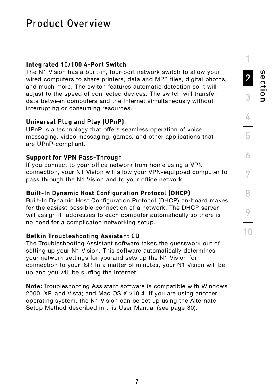 Product overview, Se ct io n | Belkin Vision Wireless Router N1 User Manual | Page 11 / 114