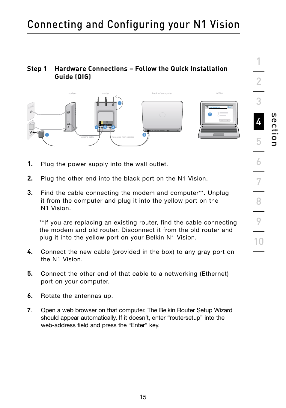 Connecting and configuring your n1 vision, Se ct io n, Plug the power supply into the wall outlet | Belkin Vision Wireless Router N1 User Manual | Page 19 / 114