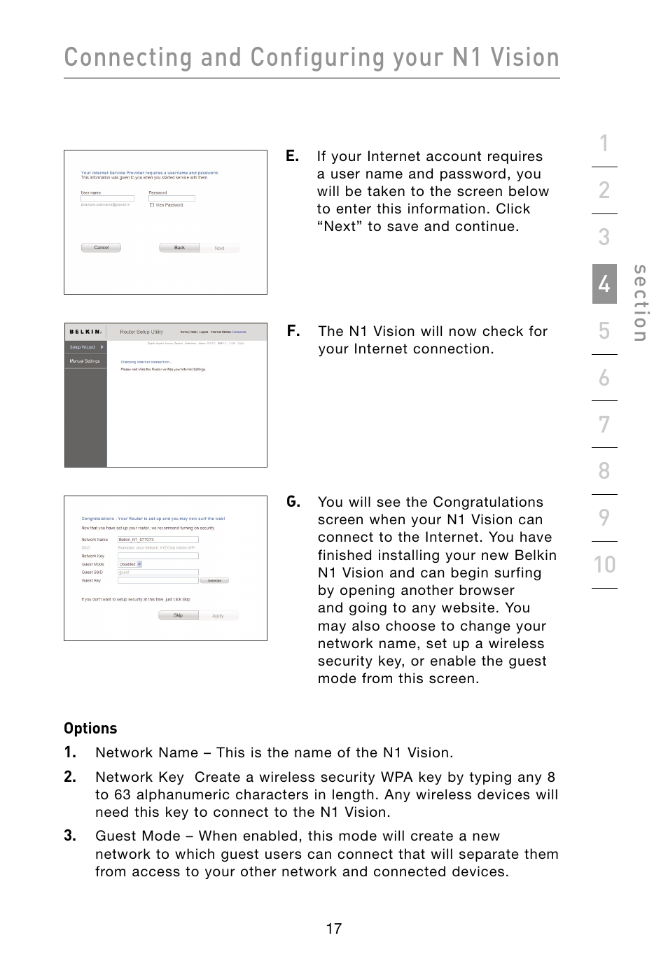 Connecting and configuring your n1 vision, Se ct io n | Belkin Vision Wireless Router N1 User Manual | Page 21 / 114