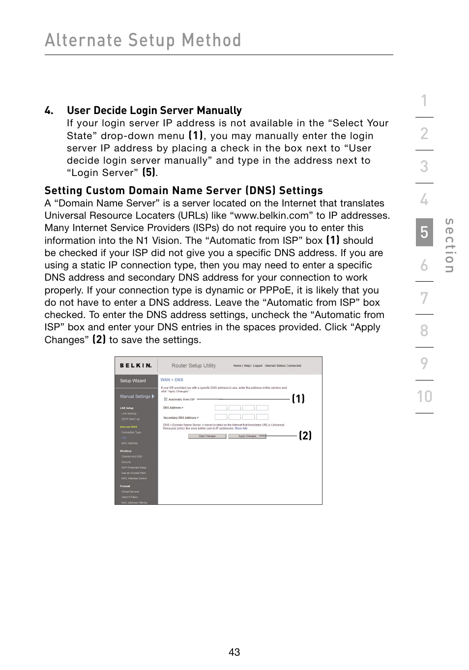 Alternate setup method, Se ct io n | Belkin Vision Wireless Router N1 User Manual | Page 47 / 114