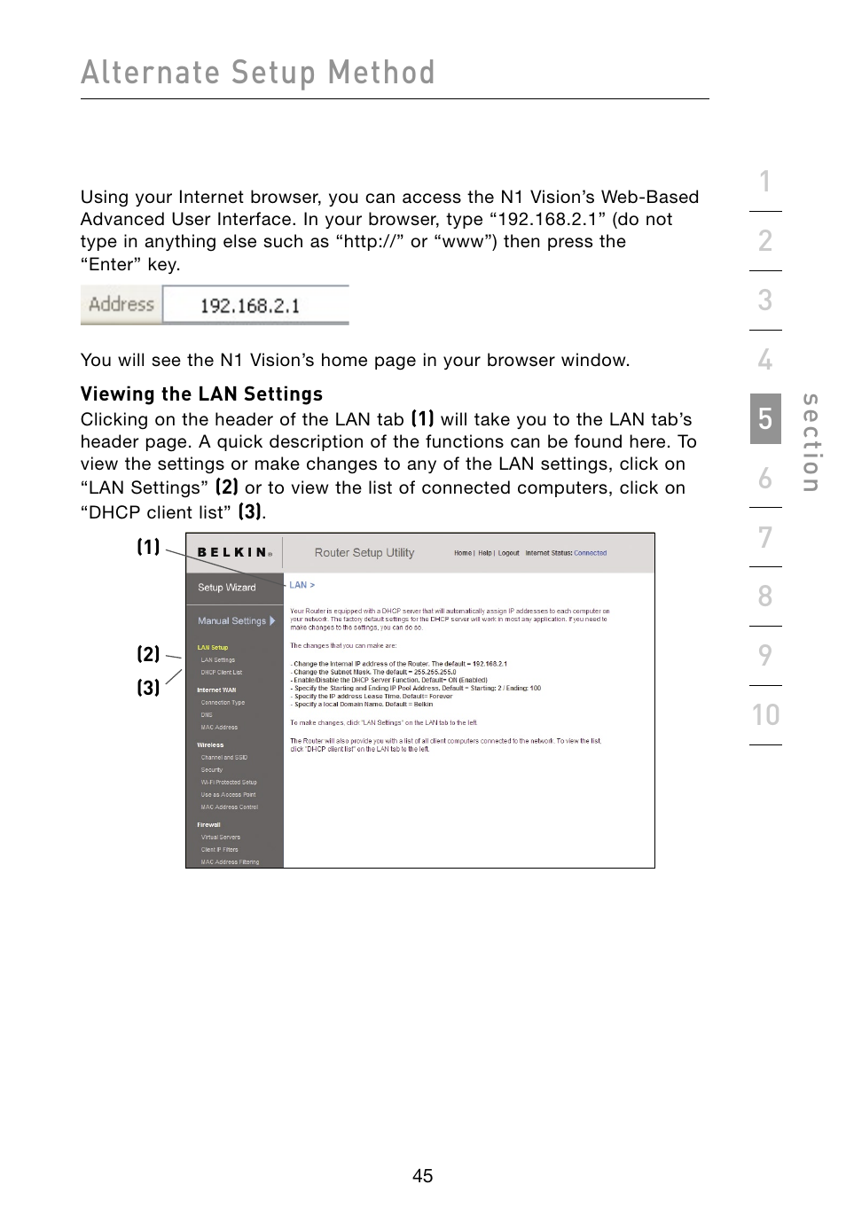 Alternate setup method, Se ct io n | Belkin Vision Wireless Router N1 User Manual | Page 49 / 114