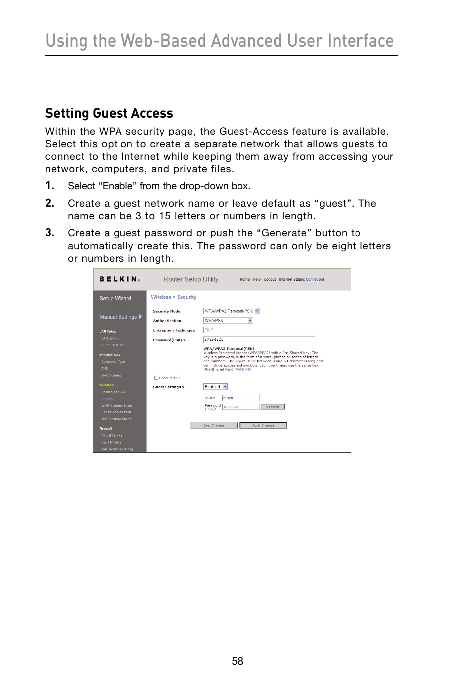 Using the web-based advanced user interface, Setting guest access | Belkin Vision Wireless Router N1 User Manual | Page 62 / 114