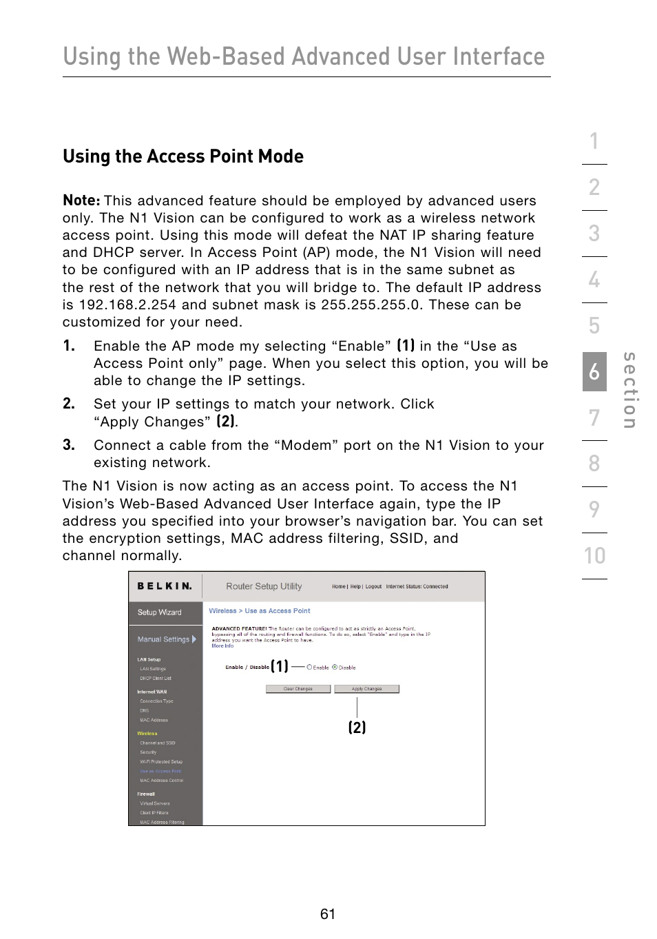 Using the web-based advanced user interface, Se ct io n | Belkin Vision Wireless Router N1 User Manual | Page 65 / 114