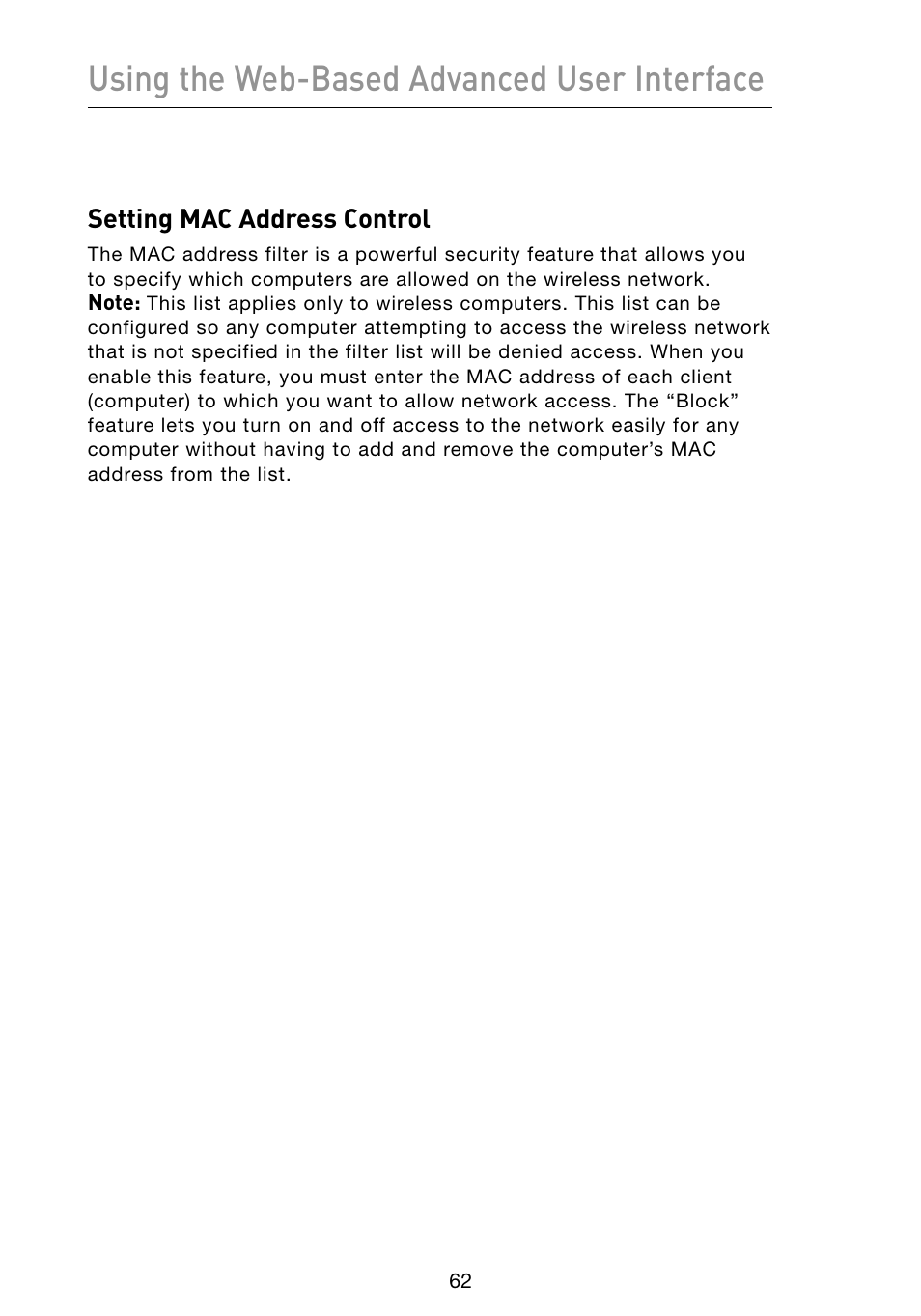 Using the web-based advanced user interface, Setting mac address control | Belkin Vision Wireless Router N1 User Manual | Page 66 / 114