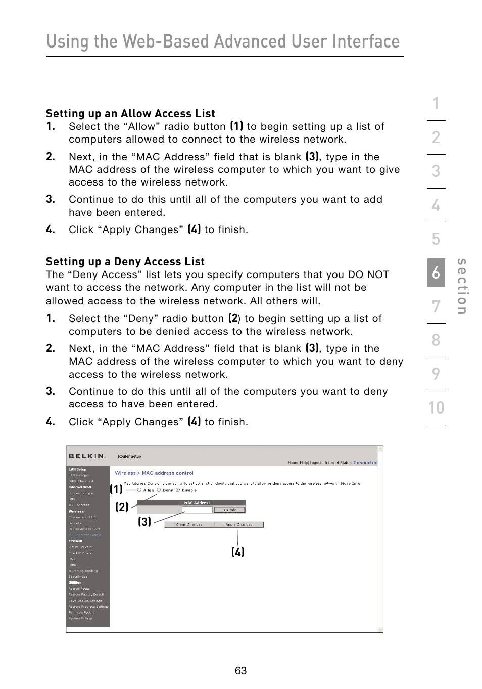 Using the web-based advanced user interface, Se ct io n | Belkin Vision Wireless Router N1 User Manual | Page 67 / 114