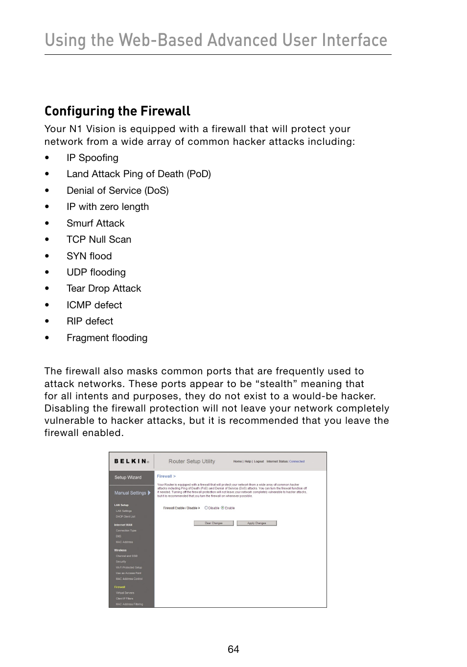 Using the web-based advanced user interface, Configuring the firewall | Belkin Vision Wireless Router N1 User Manual | Page 68 / 114