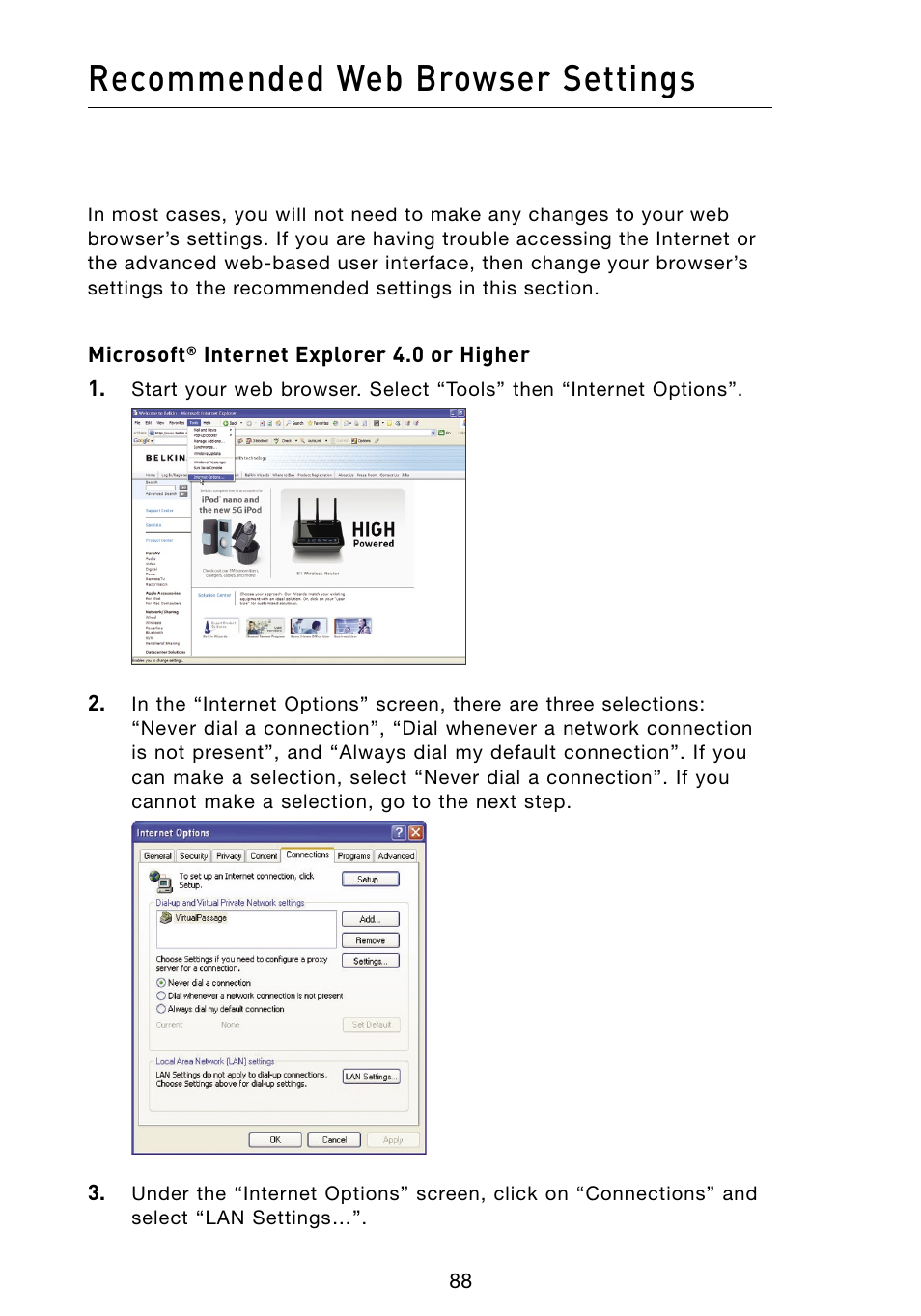 Recommended web browser settings | Belkin Vision Wireless Router N1 User Manual | Page 92 / 114