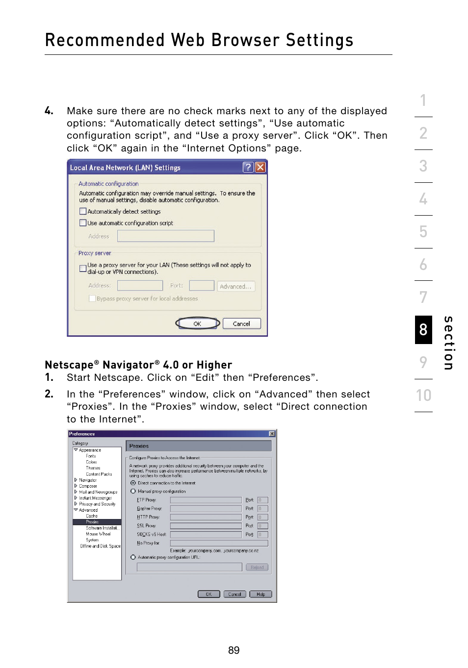 Recommended web browser settings, Se ct io n | Belkin Vision Wireless Router N1 User Manual | Page 93 / 114