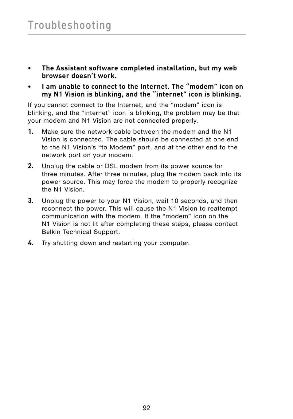 Troubleshooting | Belkin Vision Wireless Router N1 User Manual | Page 96 / 114