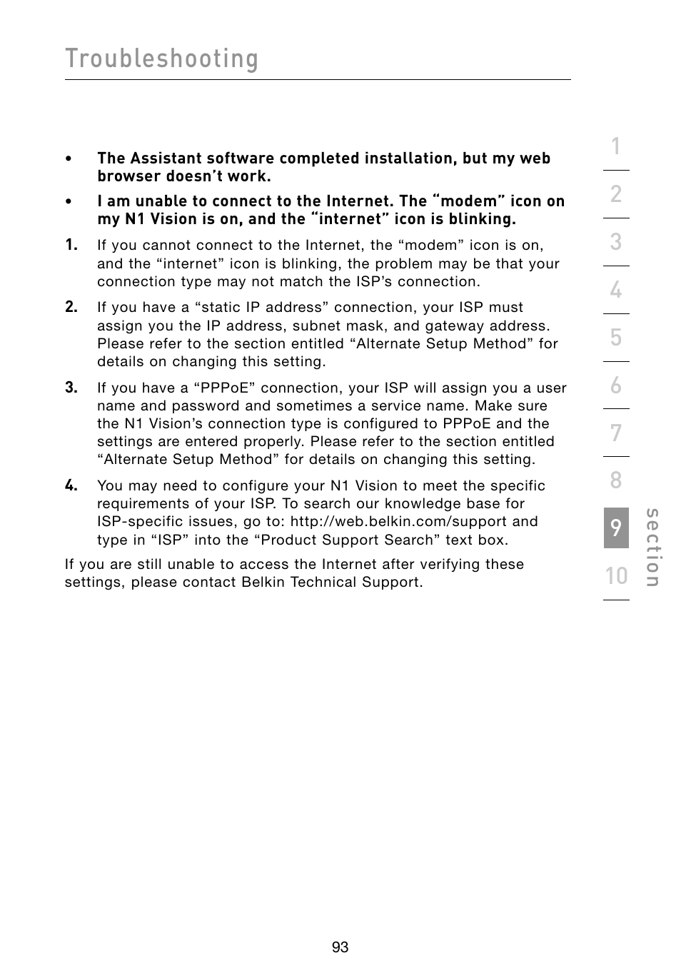 Troubleshooting, Se ct io n | Belkin Vision Wireless Router N1 User Manual | Page 97 / 114