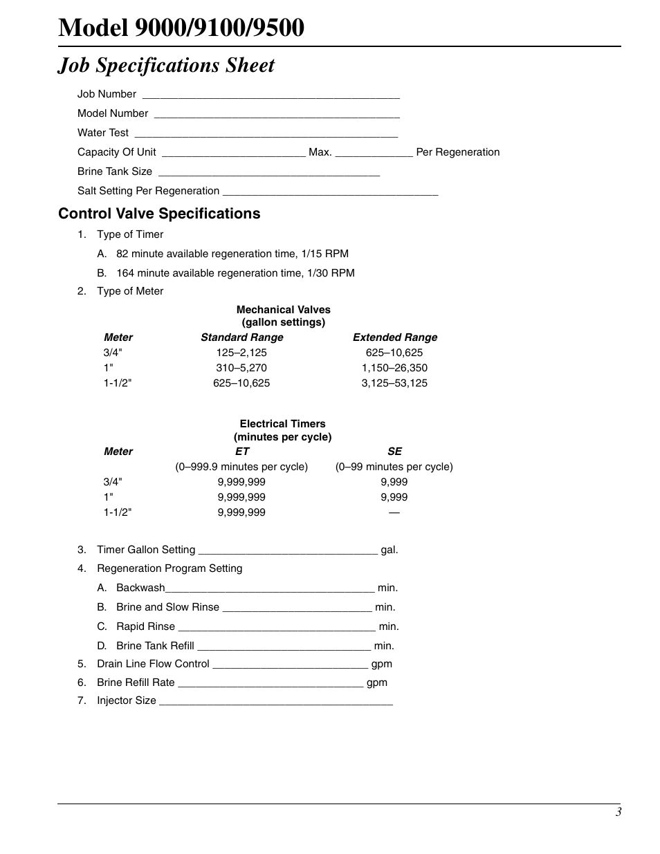 Job specifications sheet, Control valve specifications | Watts Fleck 9500 Twin Brass Valve User Manual | Page 3 / 56