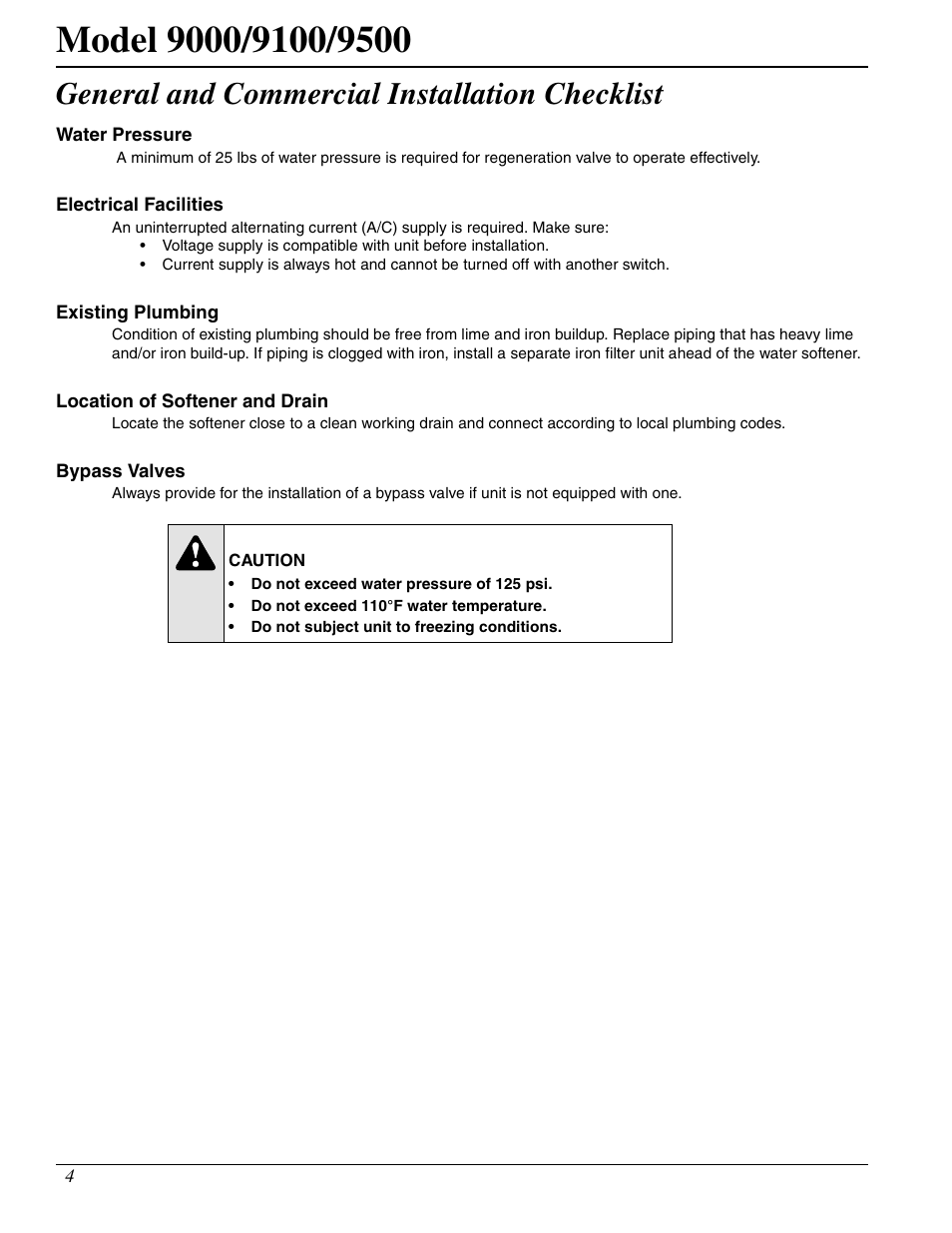 General and commercial installation checklist | Watts Fleck 9500 Twin Brass Valve User Manual | Page 4 / 56