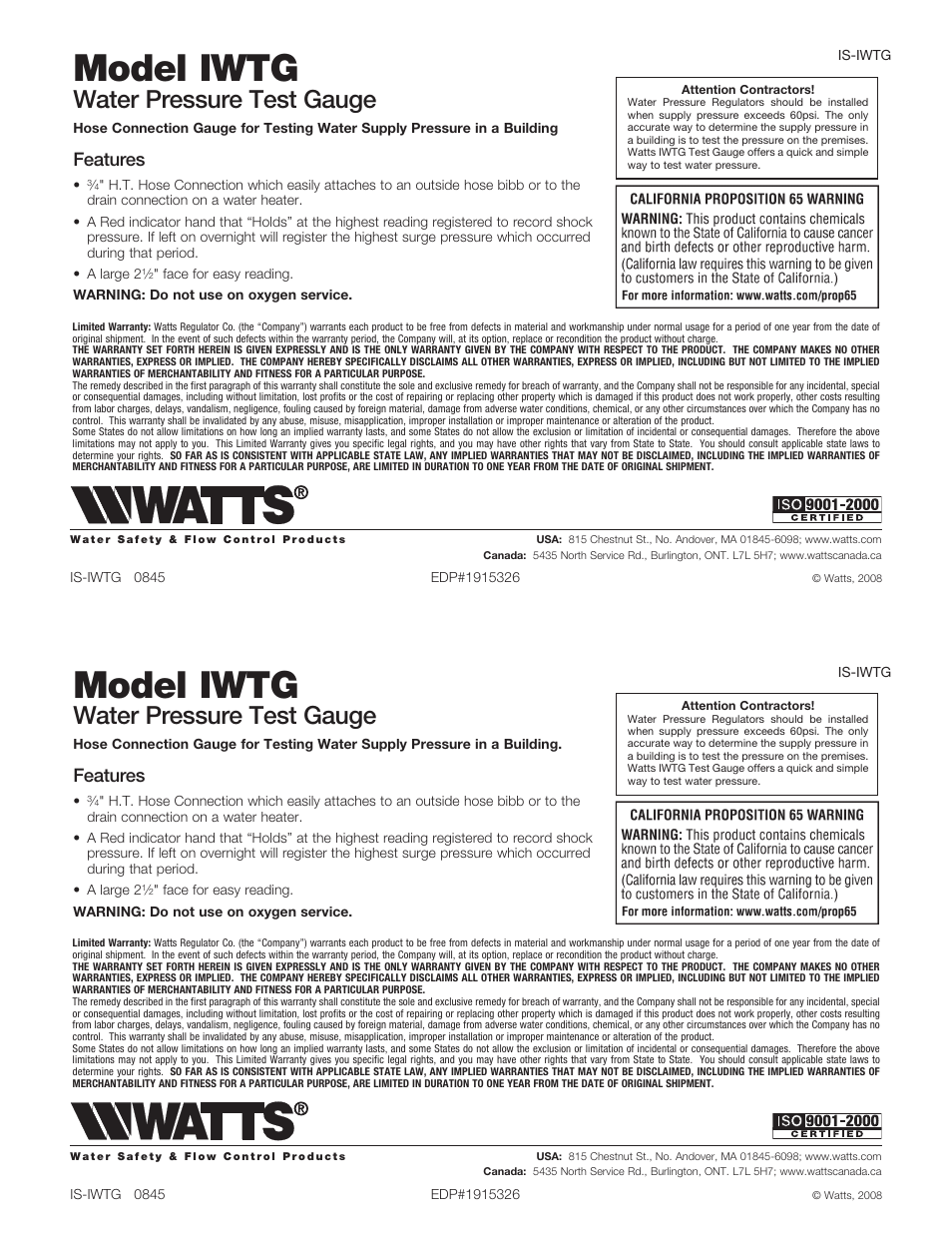 Watts IWTG User Manual | 1 page