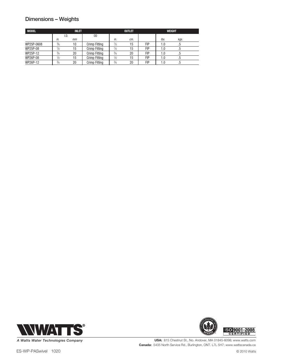Dimensions – weights | Watts WP26P-12PB User Manual | Page 2 / 2