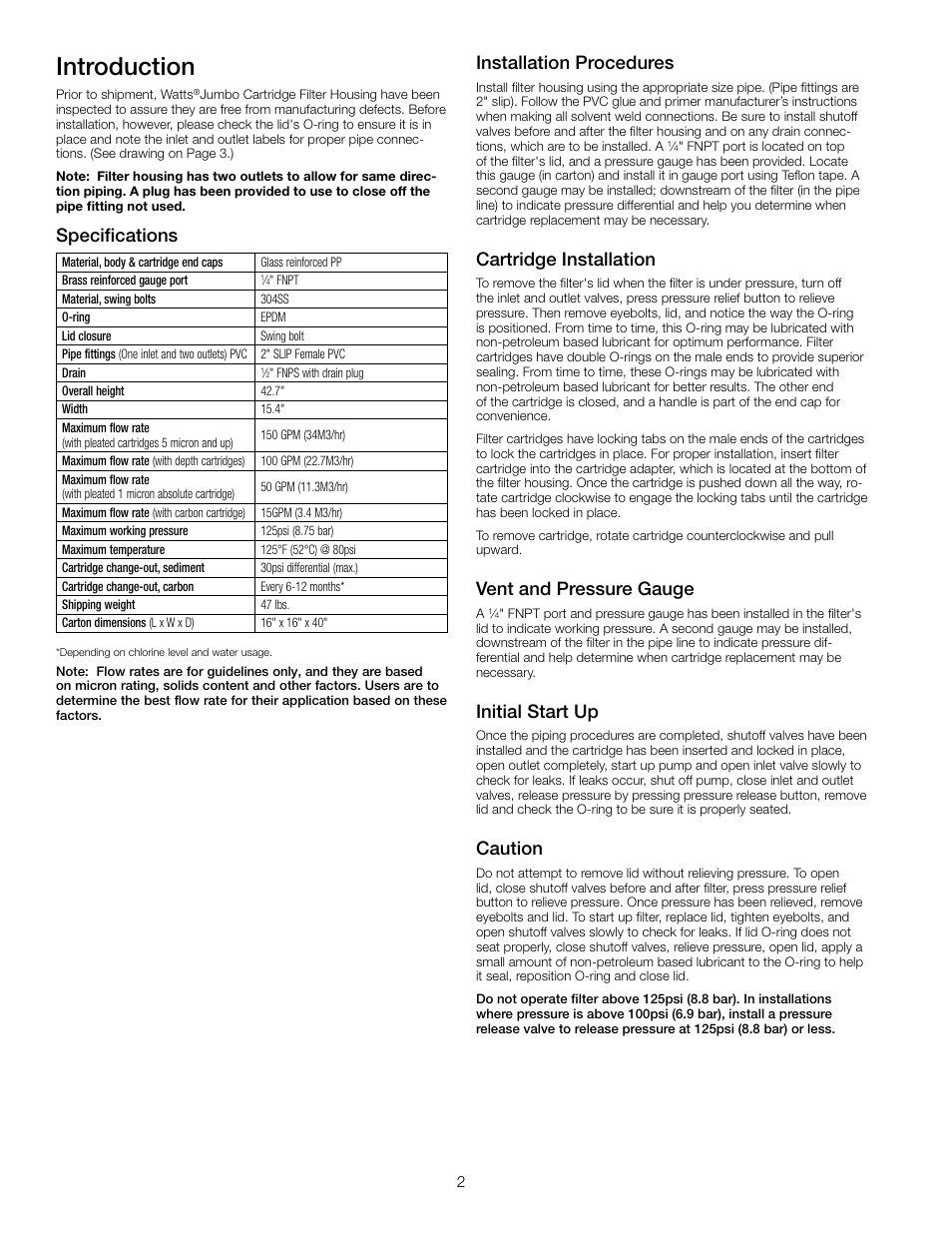 Introduction, Installation procedures, Cartridge installation | Vent and pressure gauge, Initial start up, Caution, Specifications | Watts Jumbo Plastic Housing User Manual | Page 2 / 4