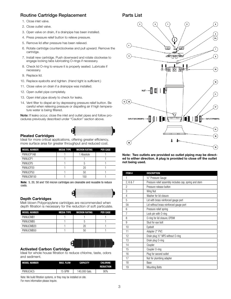 Routine cartridge replacement, Parts list | Watts Jumbo Plastic Housing User Manual | Page 3 / 4