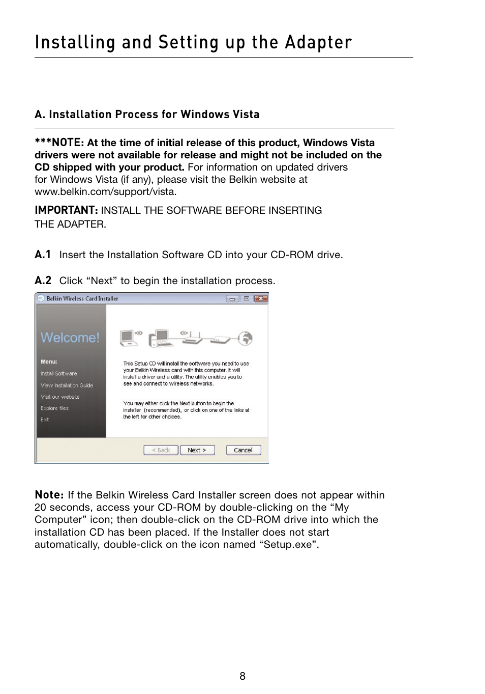 Installing and setting up the adapter | Belkin F5D8053 User Manual | Page 10 / 48