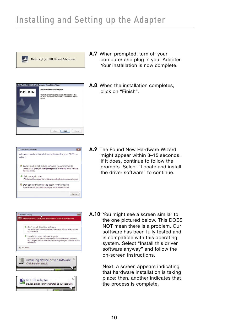 Installing and setting up the adapter | Belkin F5D8053 User Manual | Page 12 / 48