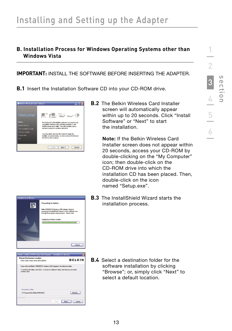 Installing and setting up the adapter, Se ct io n | Belkin F5D8053 User Manual | Page 15 / 48
