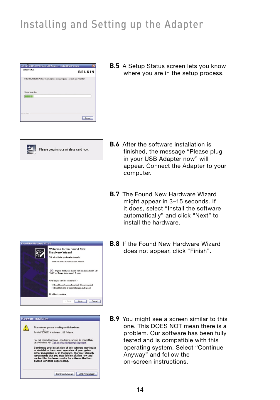 Installing and setting up the adapter | Belkin F5D8053 User Manual | Page 16 / 48