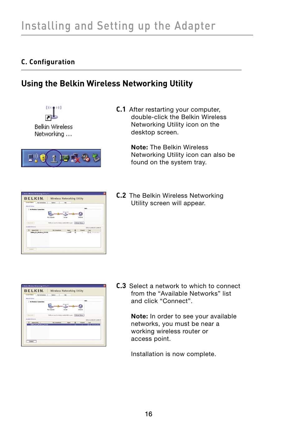 Installing and setting up the adapter, Using the belkin wireless networking utility | Belkin F5D8053 User Manual | Page 18 / 48