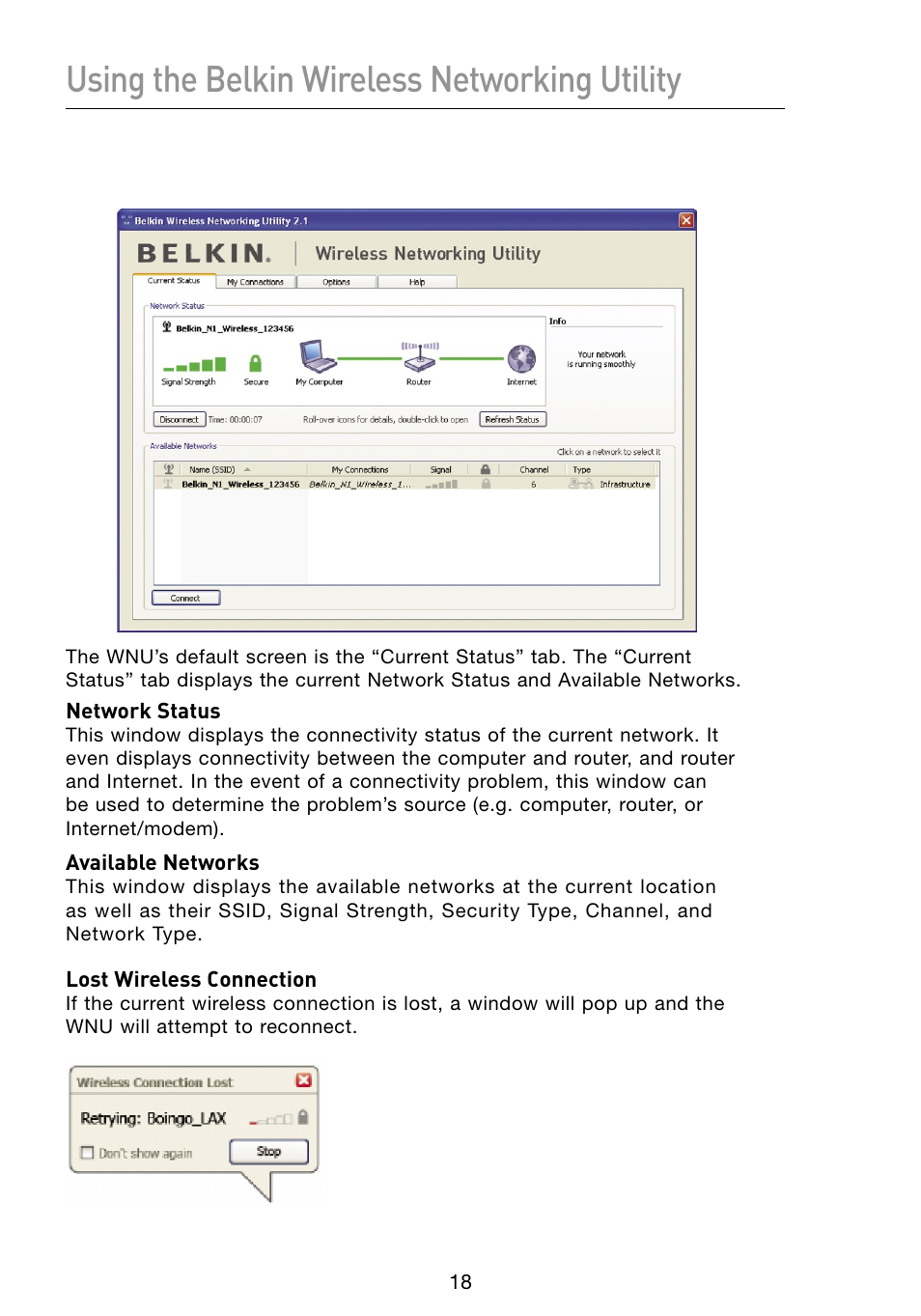 Using the belkin wireless networking utility | Belkin F5D8053 User Manual | Page 20 / 48