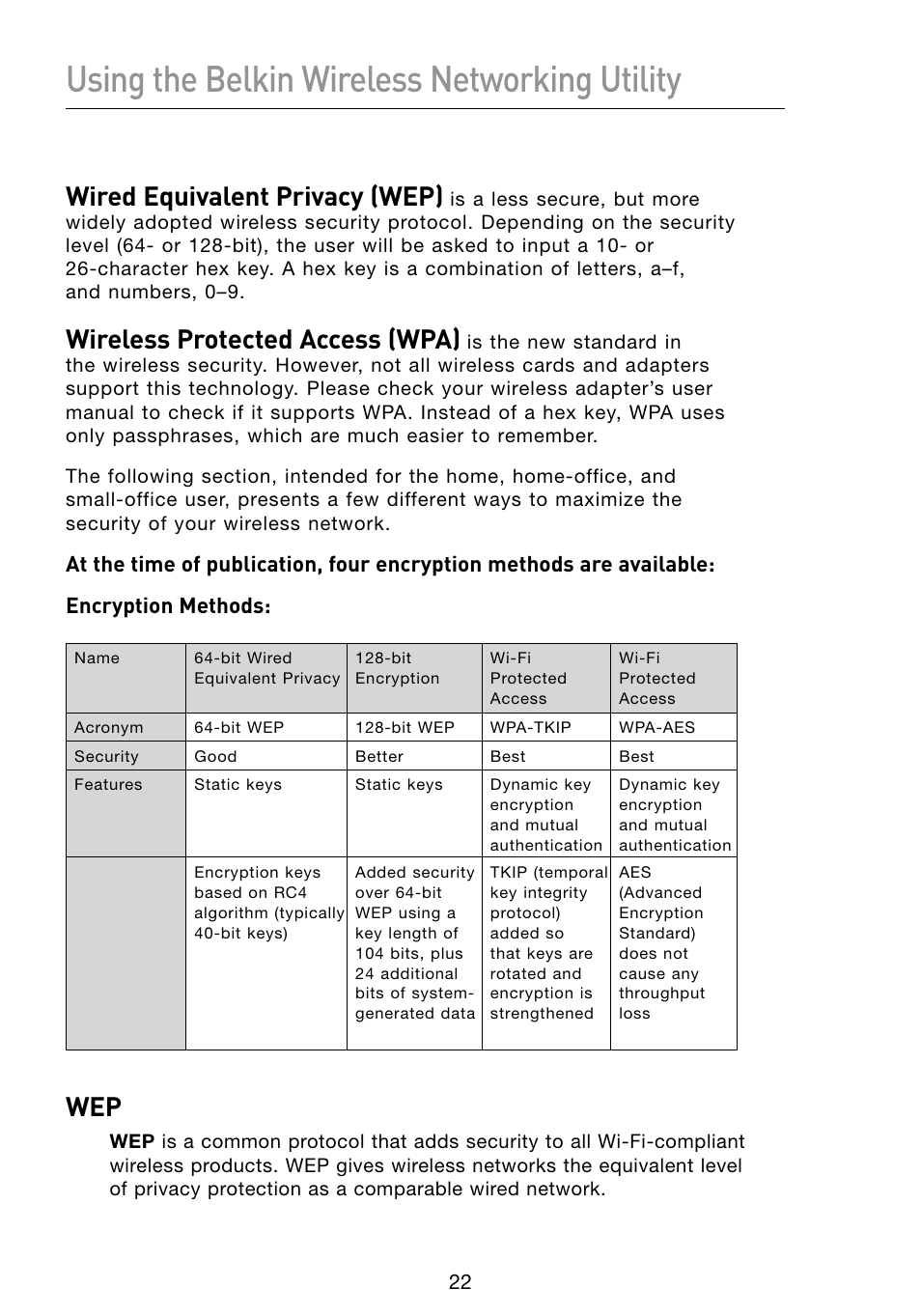 Using the belkin wireless networking utility, Wired equivalent privacy (wep), Wireless protected access (wpa) | Belkin F5D8053 User Manual | Page 24 / 48