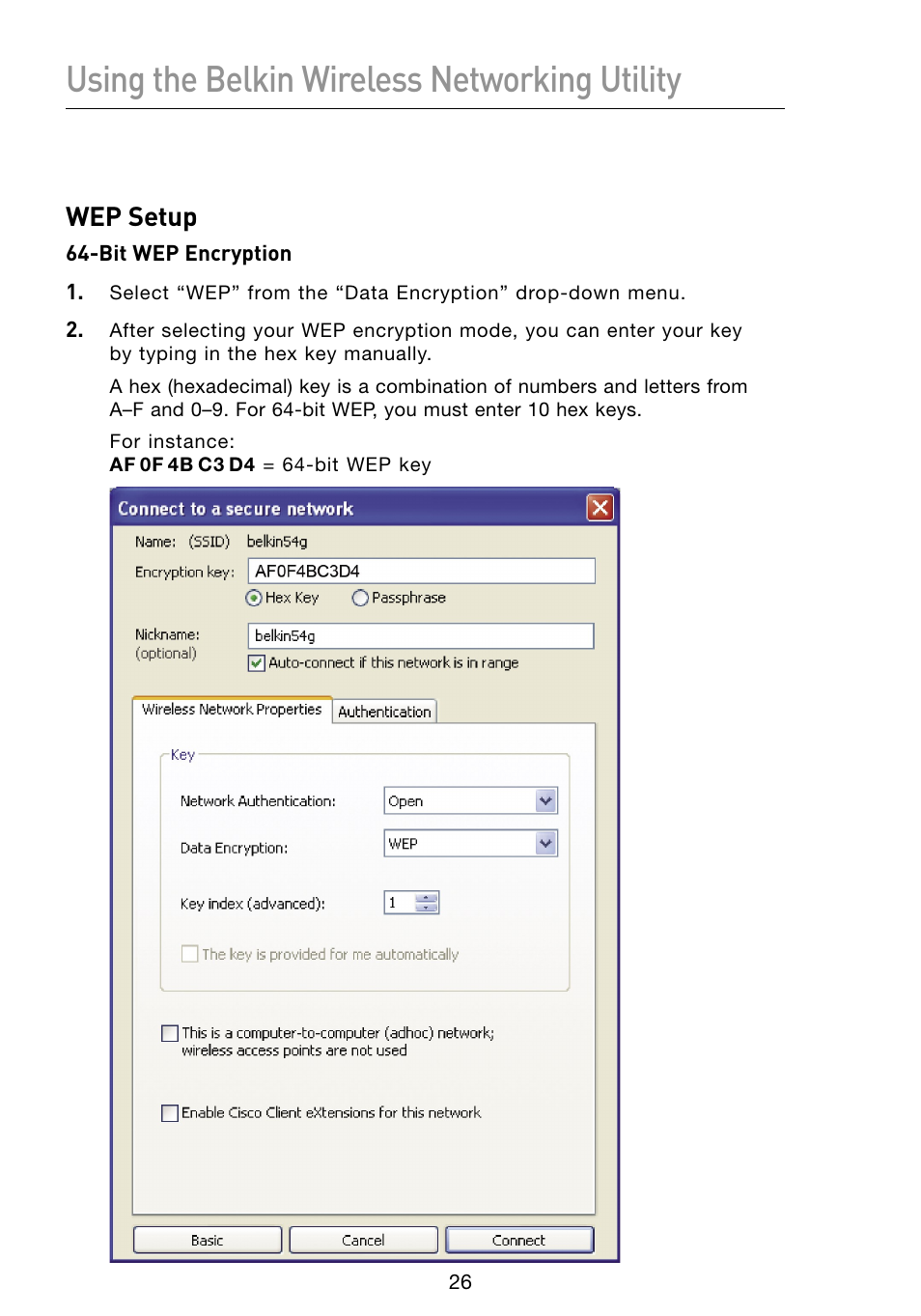 Using the belkin wireless networking utility, Wep setup | Belkin F5D8053 User Manual | Page 28 / 48