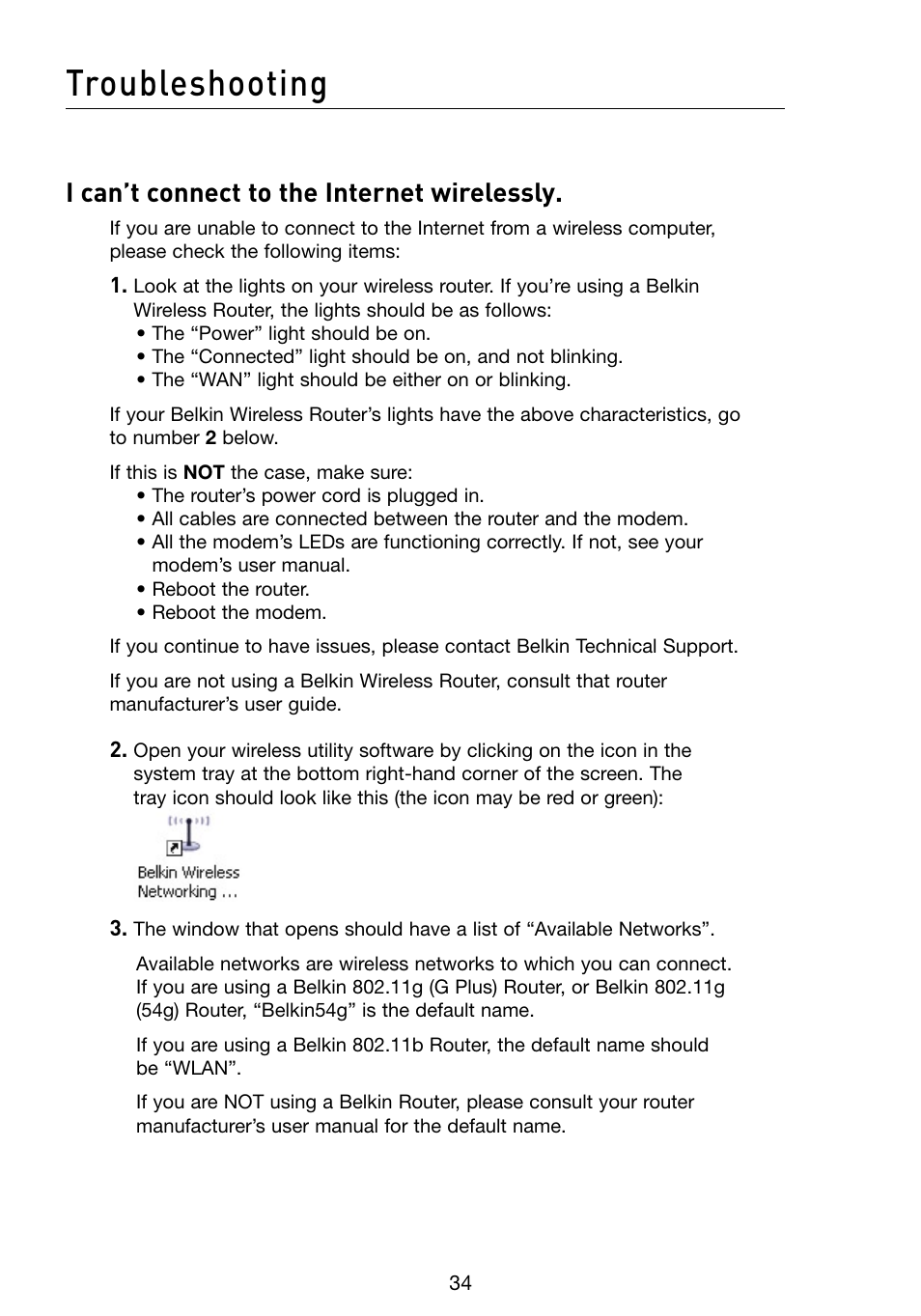 Troubleshooting, I can’t connect to the internet wirelessly | Belkin F5D8053 User Manual | Page 36 / 48